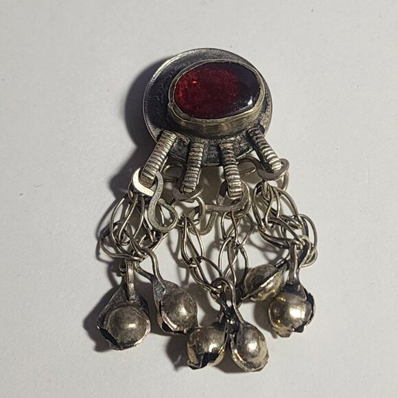Vintage Coin Silver Oval Red Glass Stone Button Cover Tribal - Picture 1 of 5